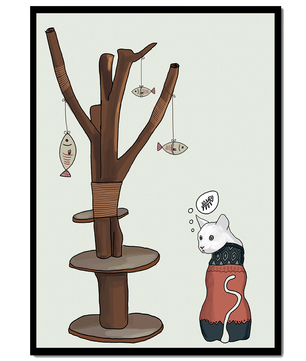 Illustration of a cat tree with a thoughtful cat in a sweater