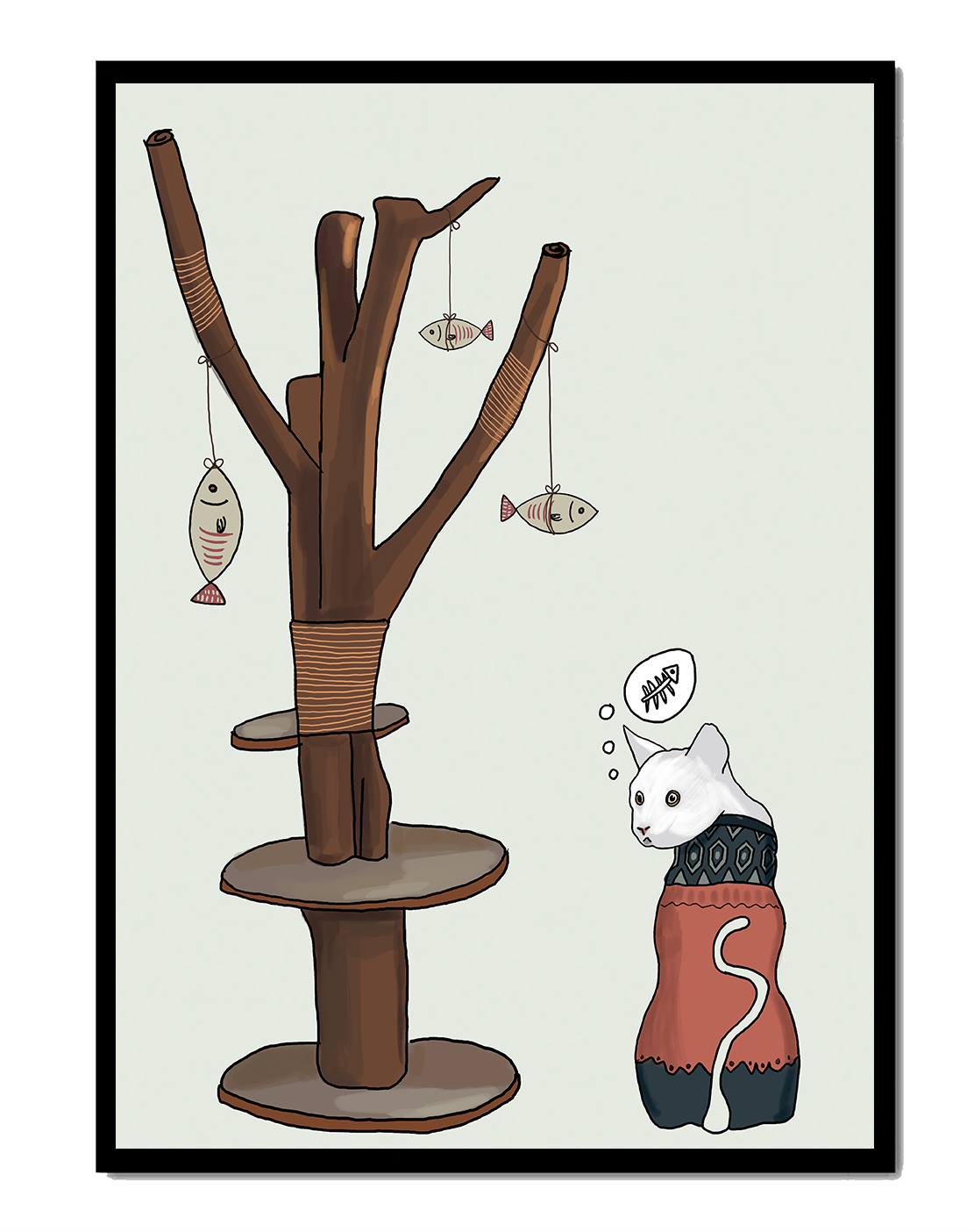 Illustration of a cat tree with a thoughtful cat in a sweater