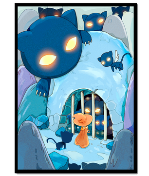 Fantasy scene with glowing-eyed creatures and mysterious cave