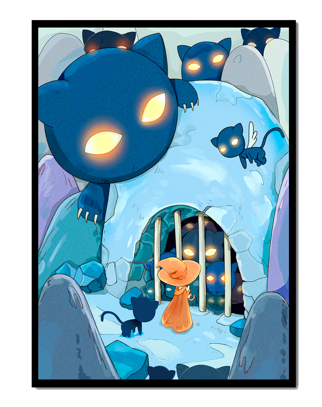 Fantasy scene with glowing-eyed creatures and mysterious cave