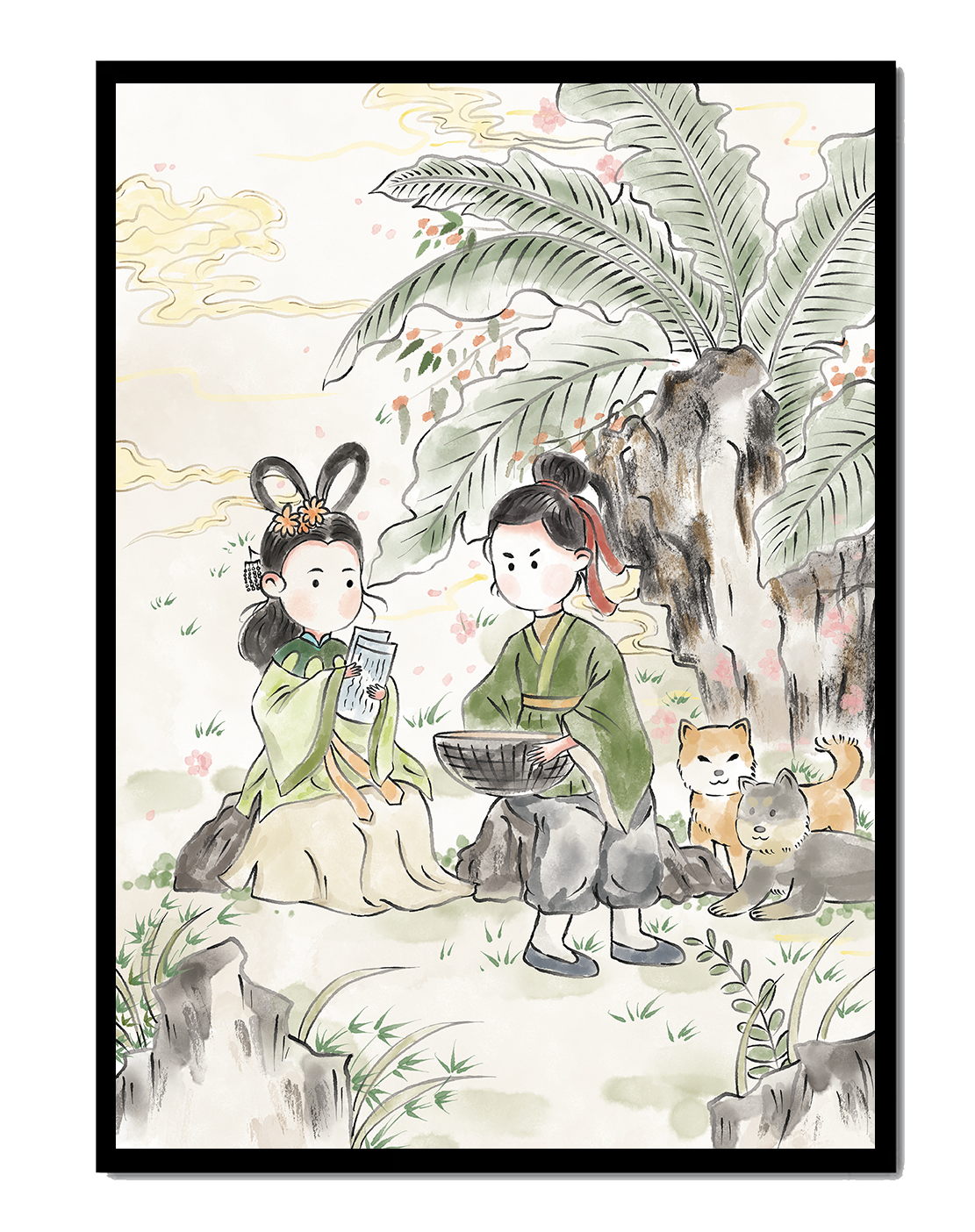 Arte asiático tradicional con dos personas y perros bajo un árbol