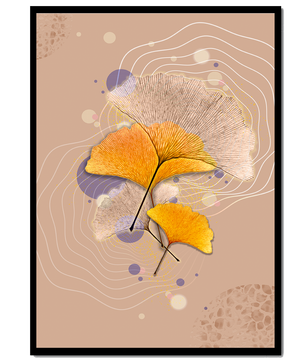 Elegante Blätter des Ginkgo mit abstrakten wellenförmigen und kreisförmigen Elementen