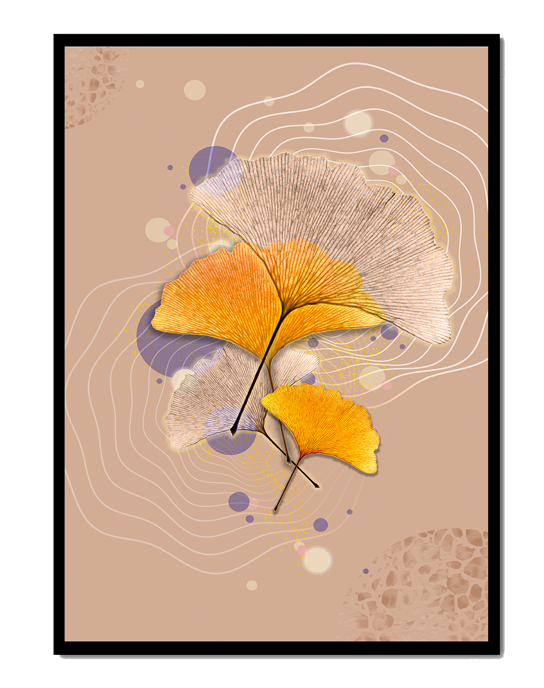 Elegant ginkgo leaves with abstract wavy and circular elements
