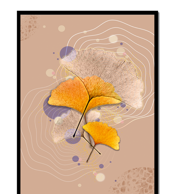 Elegant ginkgo leaves with abstract wavy and circular elements