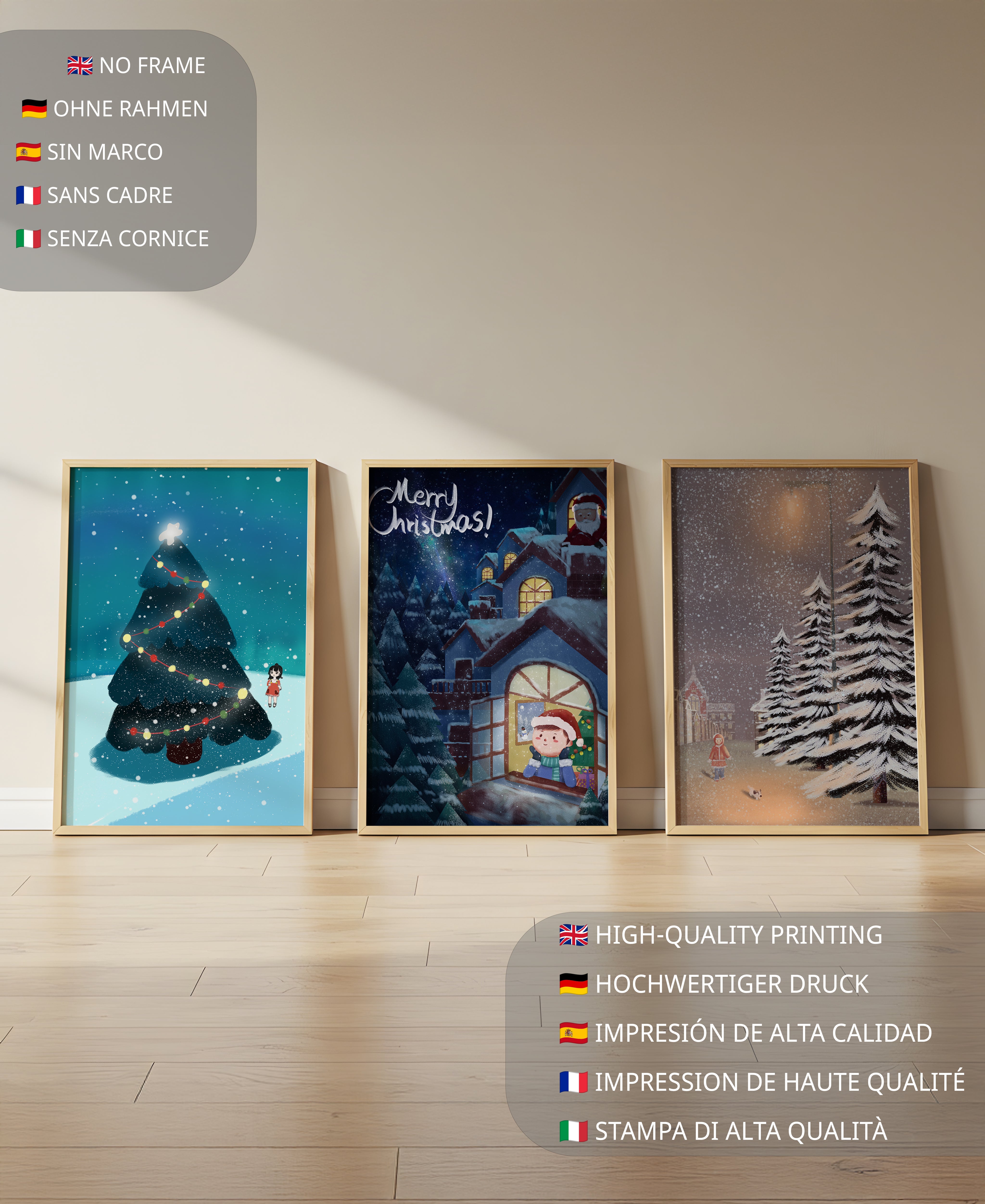 Decoración Navideña con Ilustraciones de Invierno y Ámbitos Festivos
