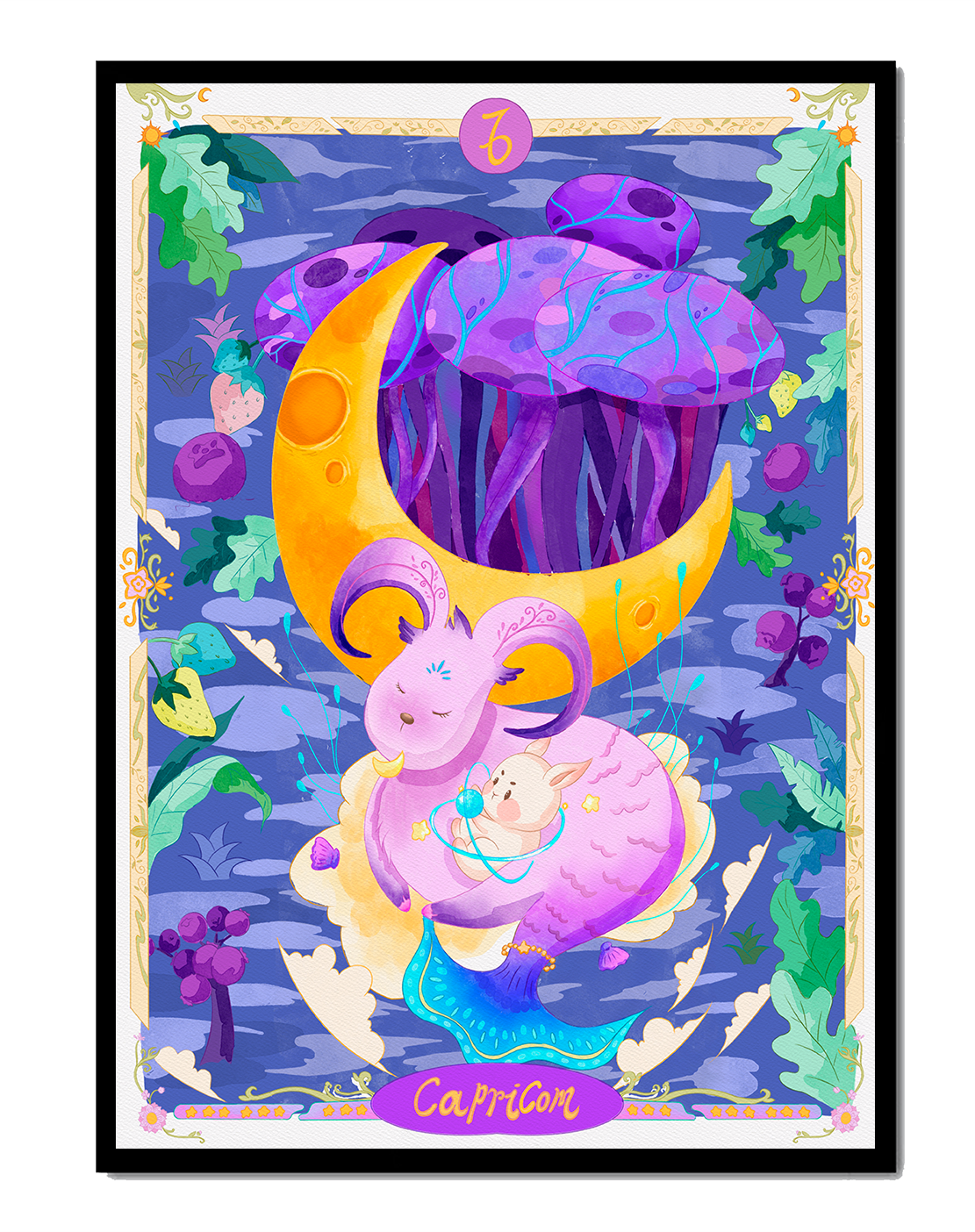 Colorful Capricorn zodiac illustration with fantasy elements