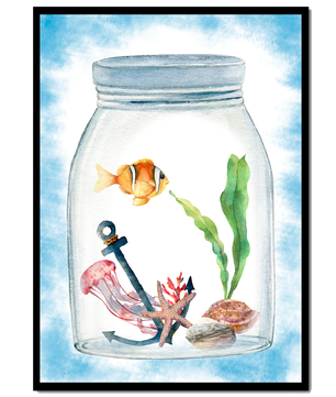 Watercolor illustration of marine life in a jar with a clownfish