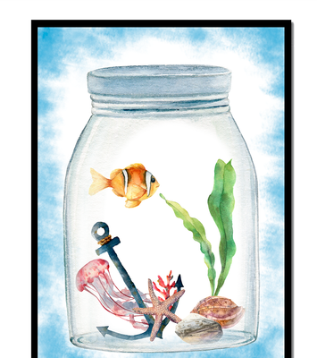Watercolor illustration of marine life in a jar with a clownfish