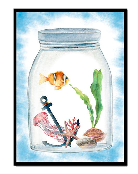 Watercolor illustration of marine life in a jar with a clownfish