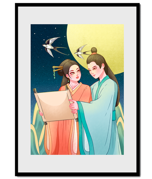Elegant illustration of traditional attire with scroll and swallows under a full moon