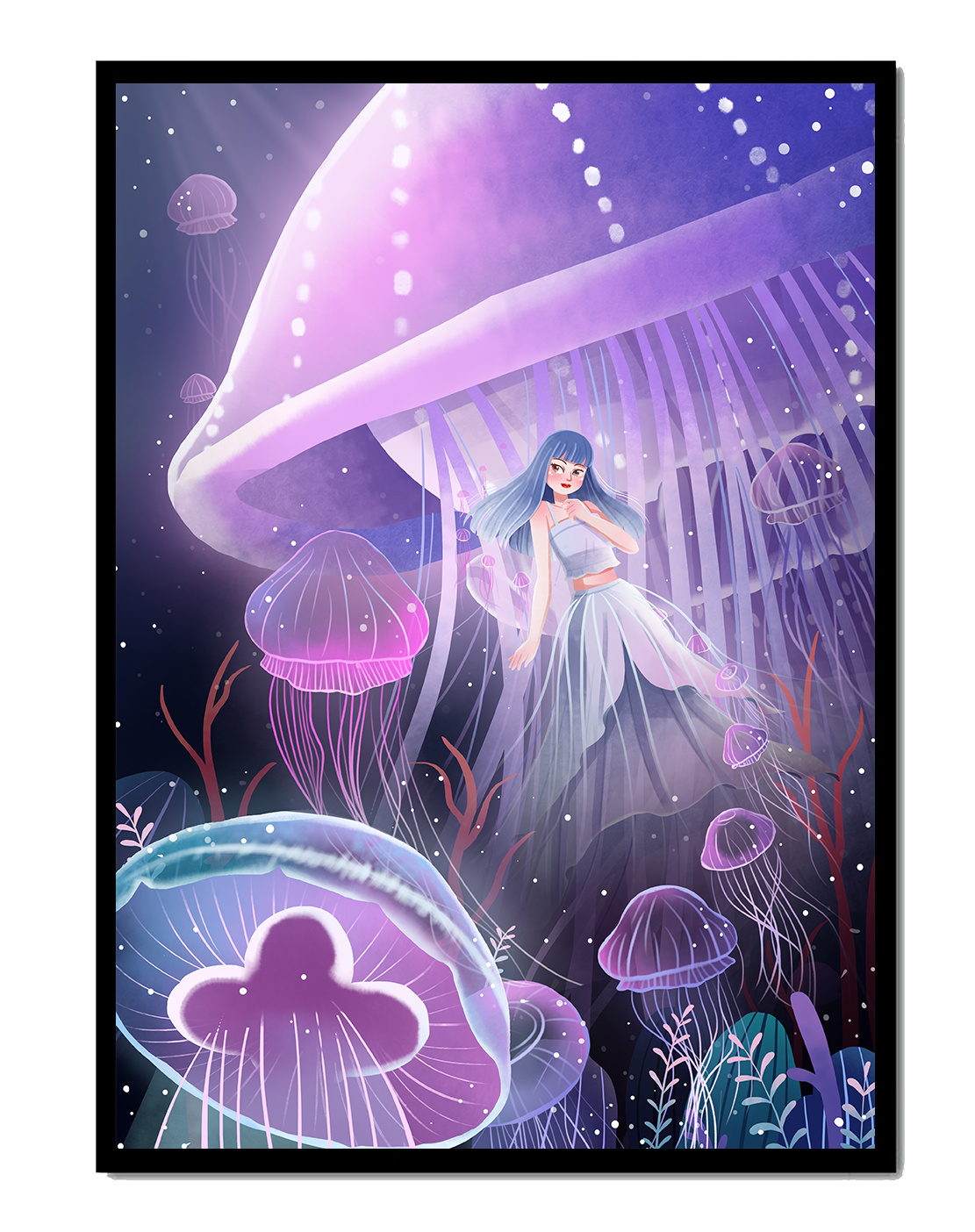 Underwater Fantasy Scene with Jellyfish and Girl