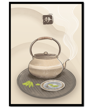 Traditional Japanese teapot with steaming tea and serene setting