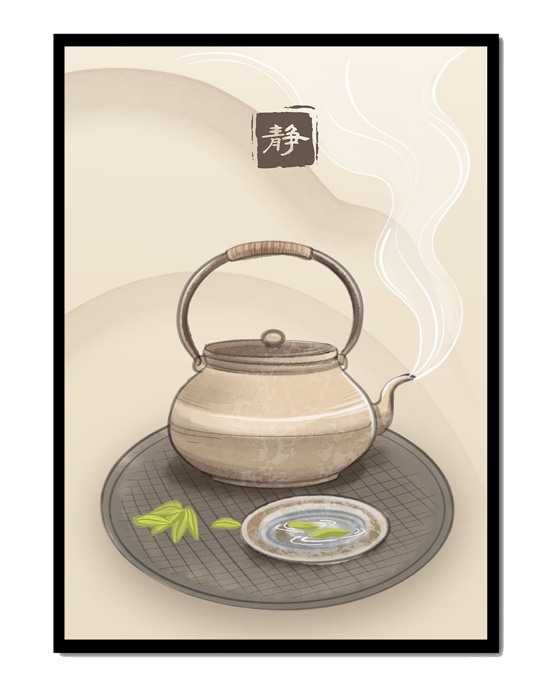 Tetera japonesa tradicional con té humeante y ambiente sereno