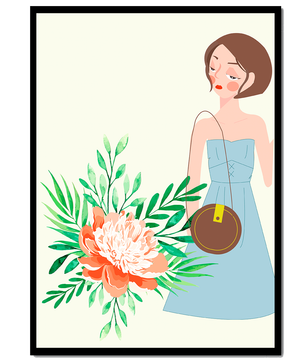 Ilustración de una mujer en vestido azul con diseño floral