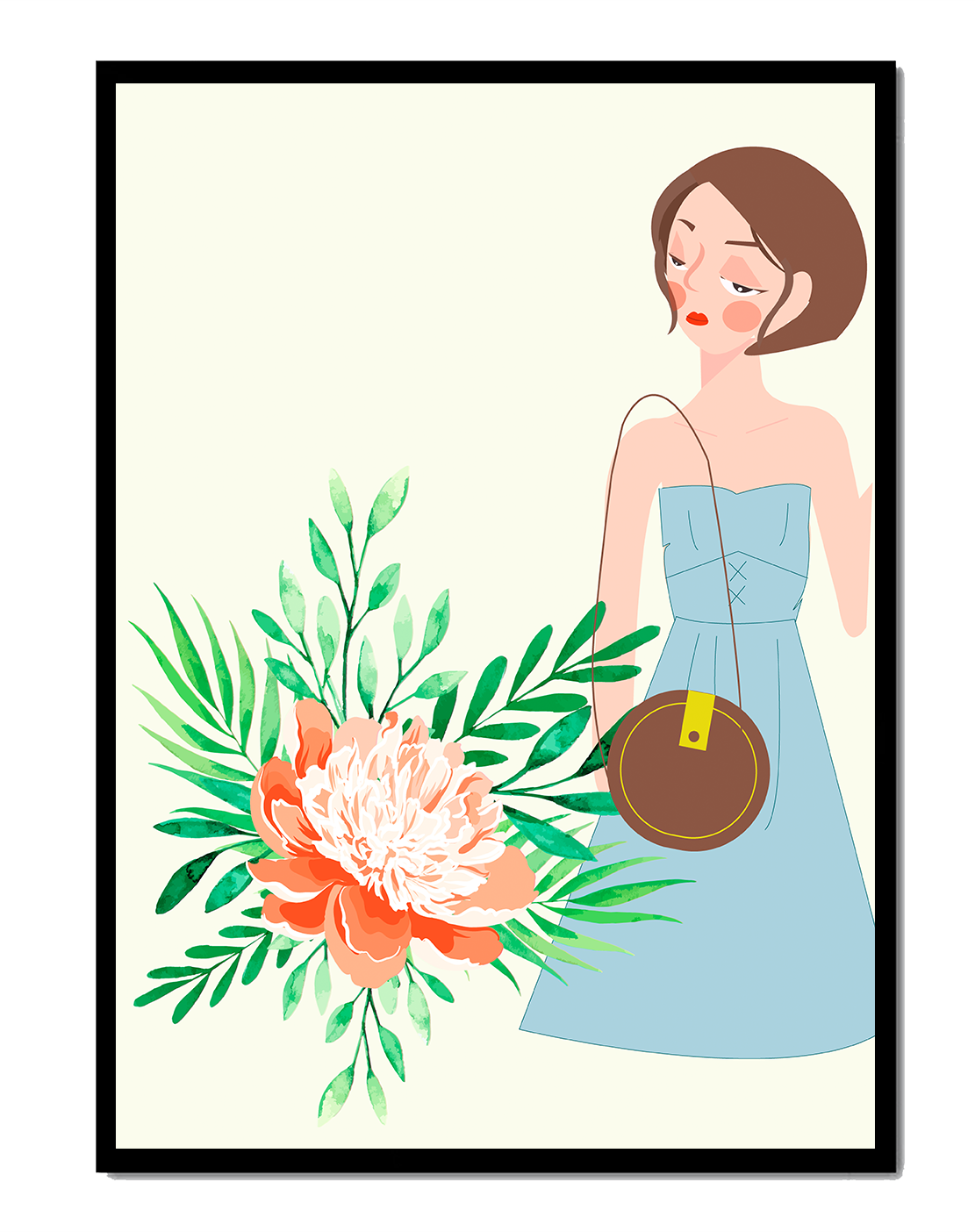 Ilustración de una mujer en vestido azul con diseño floral