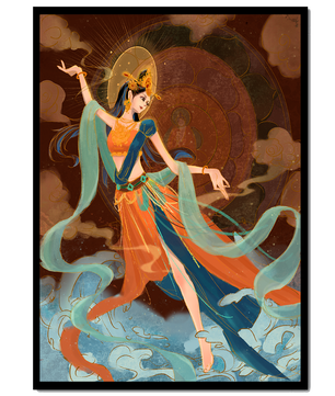 Elegant depiction of an ethereal dancer in vibrant traditional attire