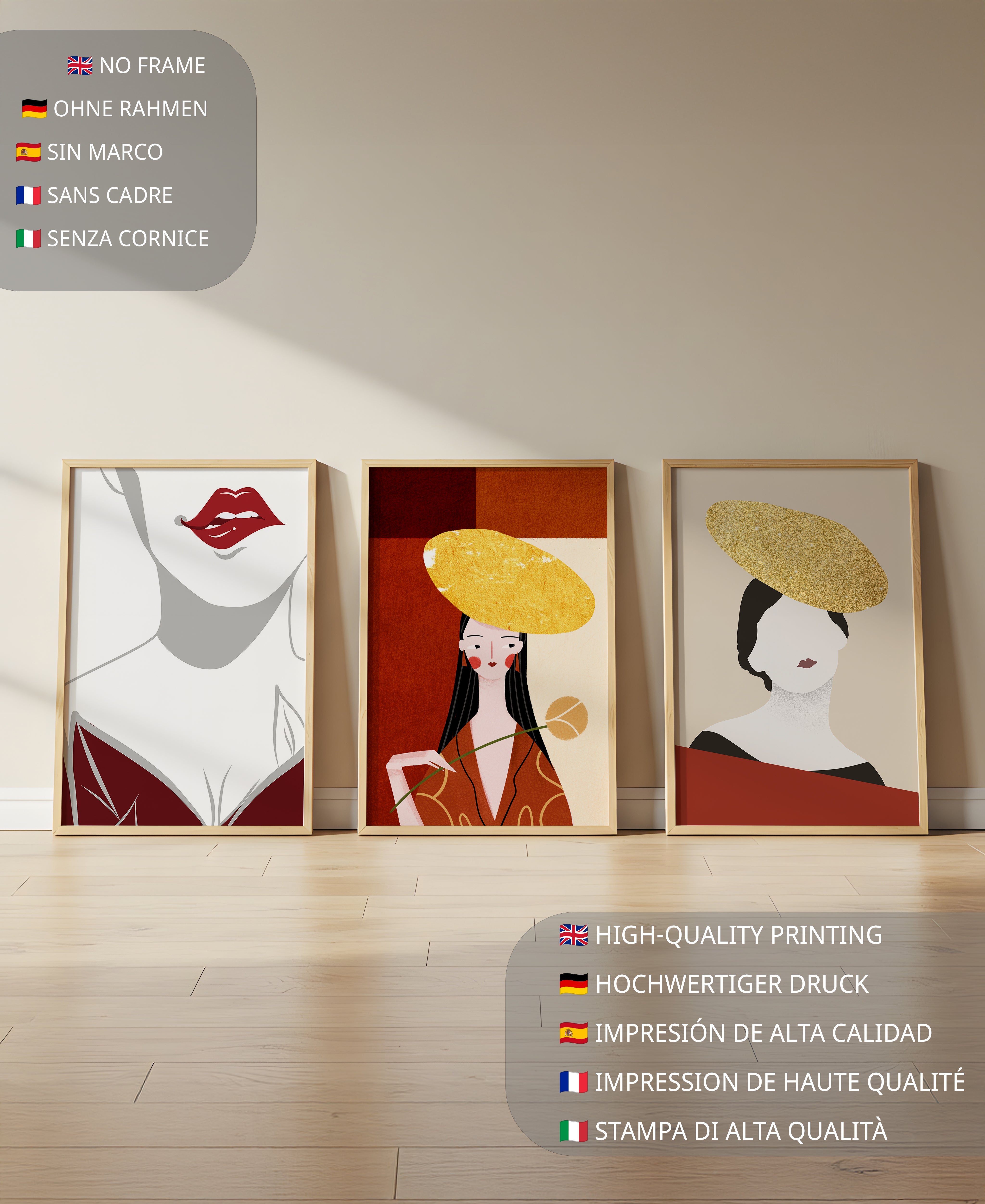 Triptyque moderne avec touches dorées et minimalisme