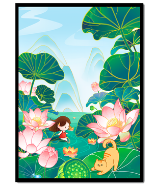 Escena serena con flores de loto, montañas y un gato juguetón