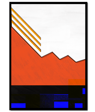 Abstrakte geometrische Komposition mit goldenen Akzenten und kräftigen Farben