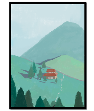 Ruhige Berglandschaft mit Haus und Bäumen