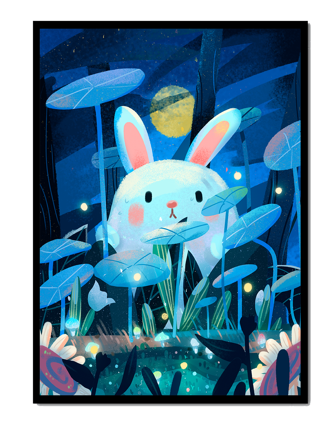 Cute rabbit in a dreamy moonlit forest