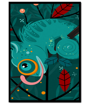 Colorful Chameleon on Tree Branch with Abstract Leaves