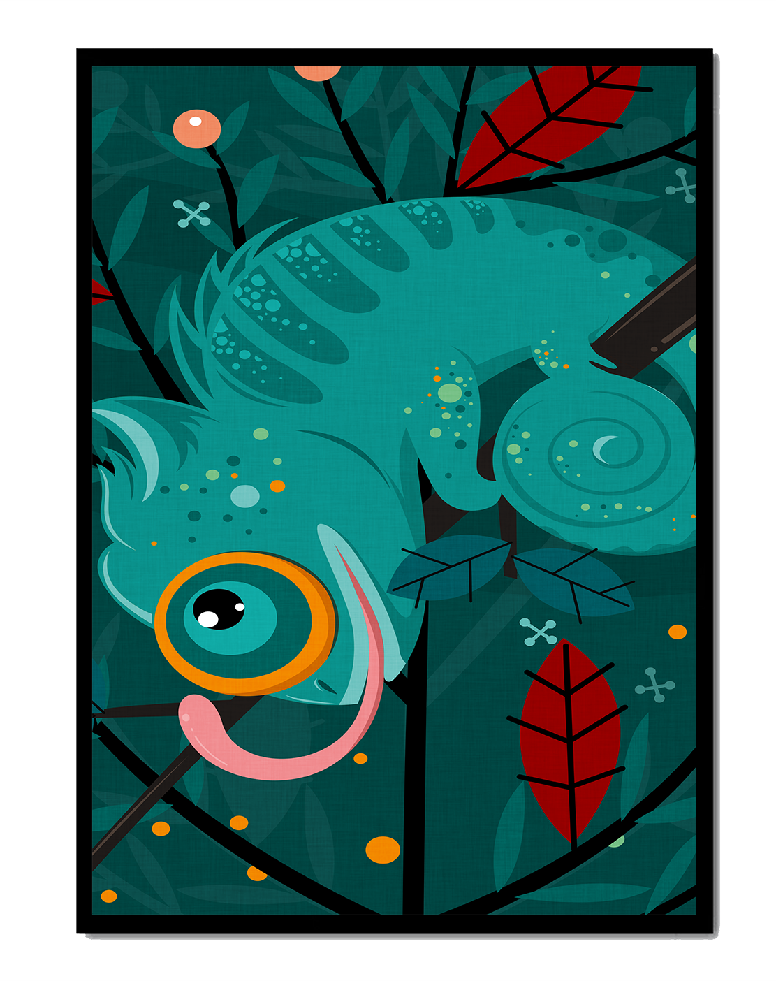 Colorful Chameleon on Tree Branch with Abstract Leaves