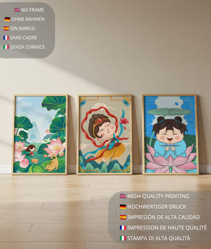 Ensemble d’illustrations de personnages adorables et de motifs floraux dans des tons vibrants