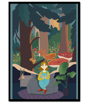 Figura femenina pacífica con criaturas del bosque y vegetación verde exuberante