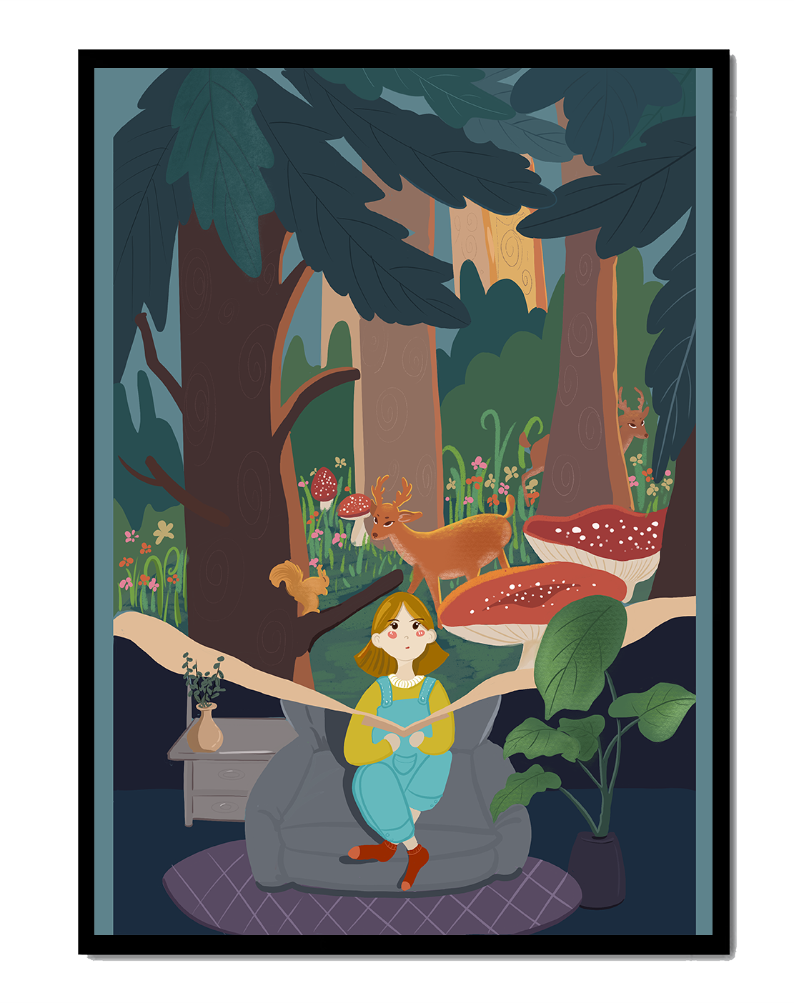 Figura femenina pacífica con criaturas del bosque y vegetación verde exuberante