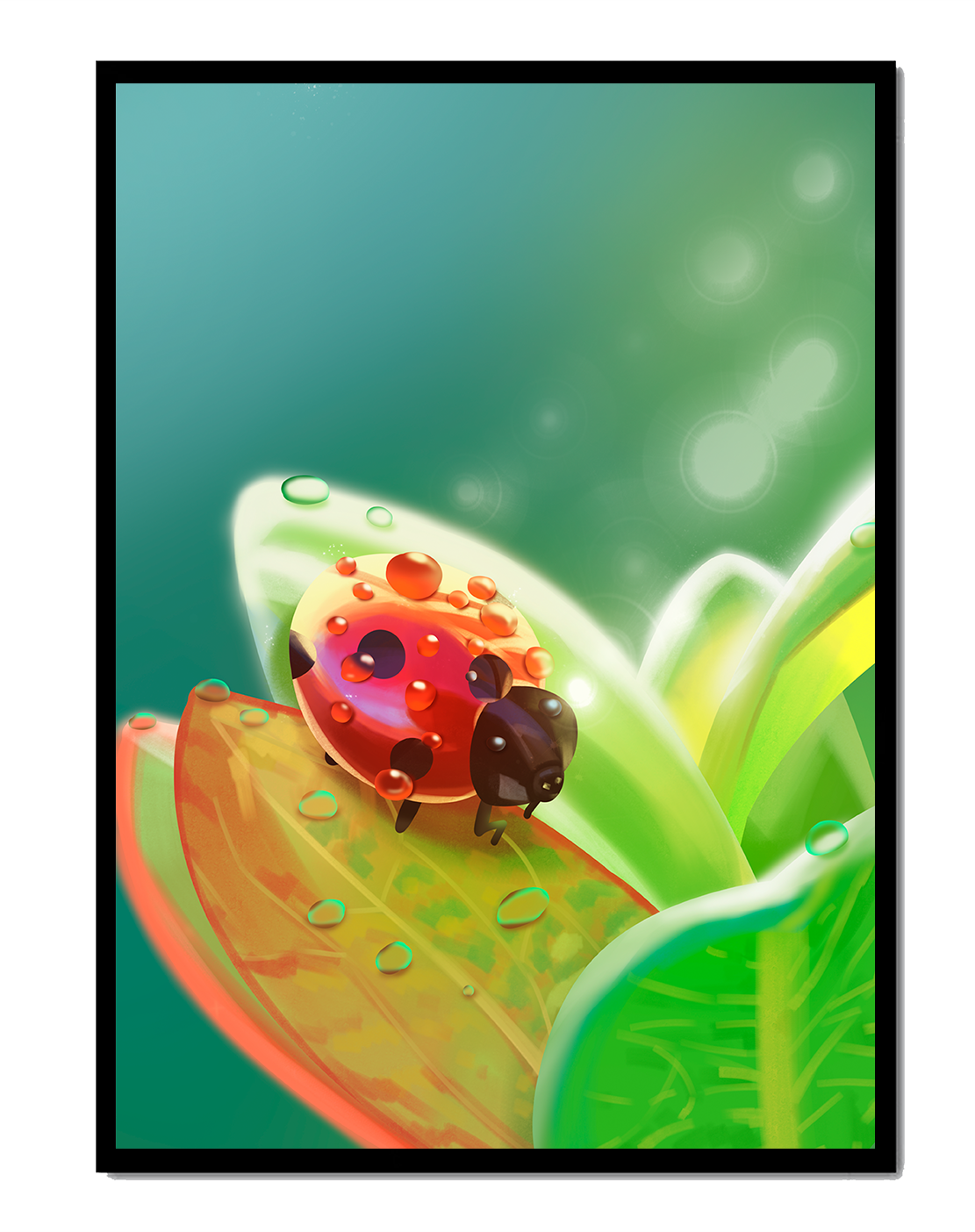 Ladybug on Leaf with Dew Drops in Serene Nature Setting