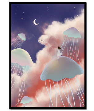 Dreamy Scene with Floating Jellyfish and Moonlit Sky