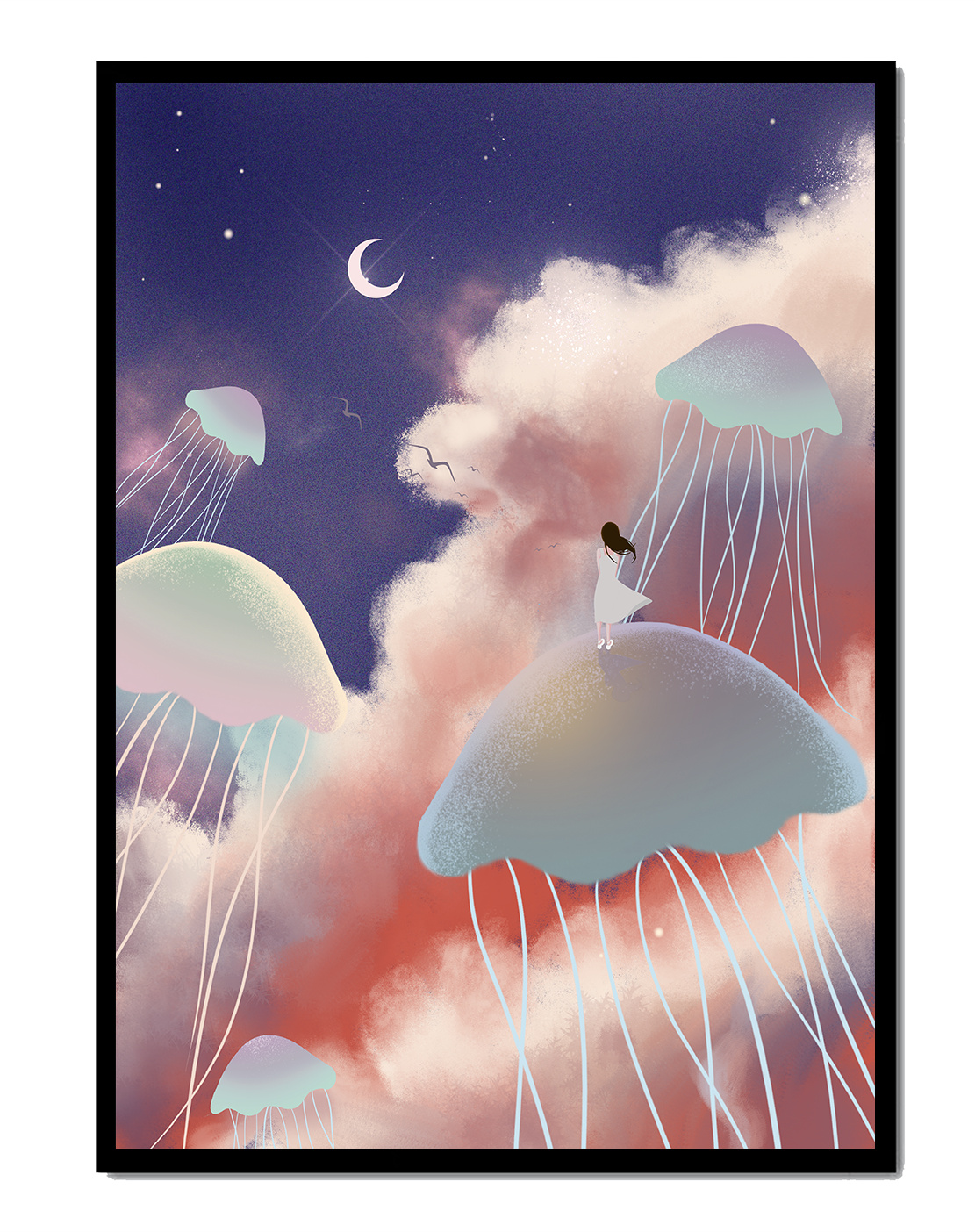 Dreamy Scene with Floating Jellyfish and Moonlit Sky