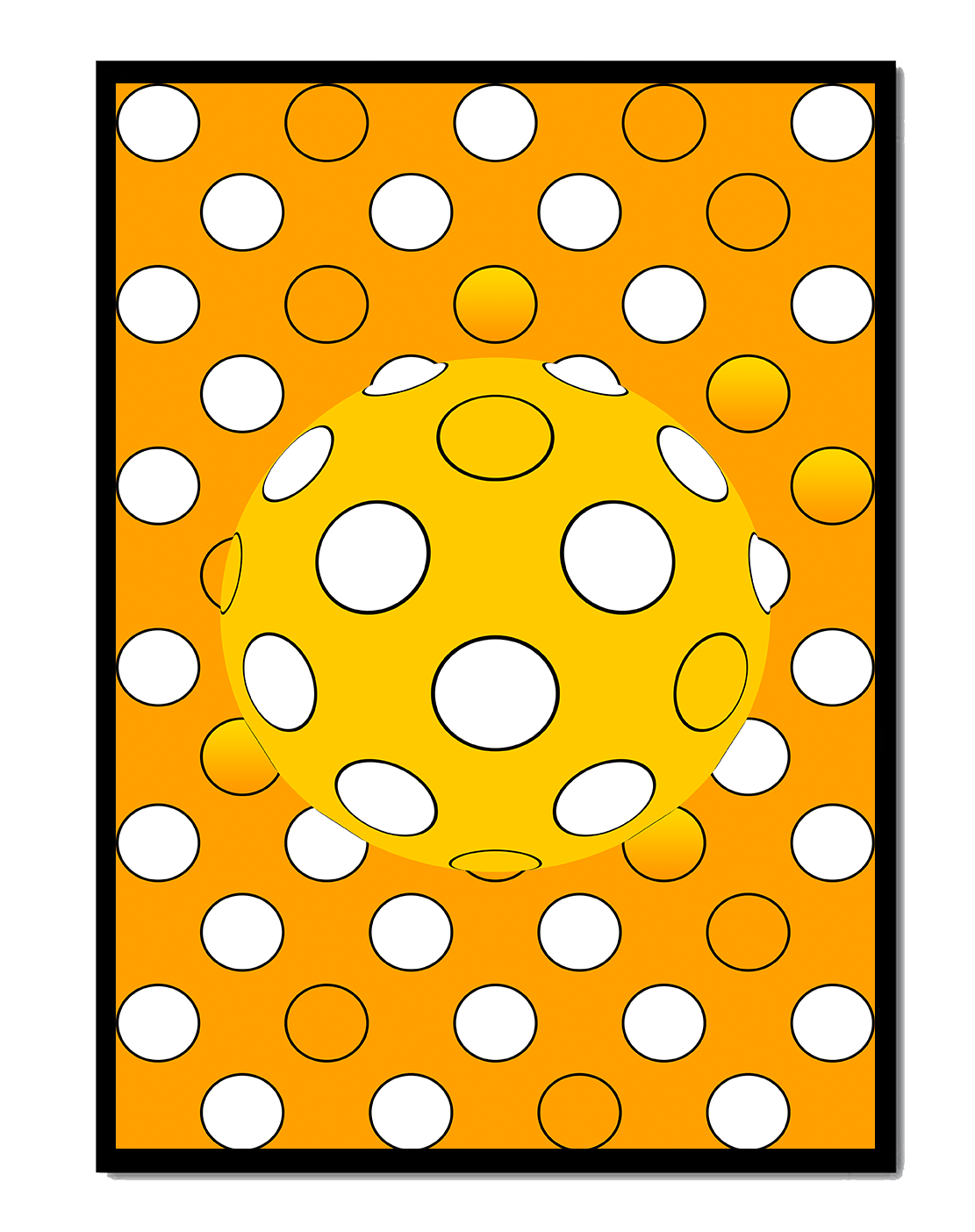 Colorful geometric pattern with white polka dots on orange background