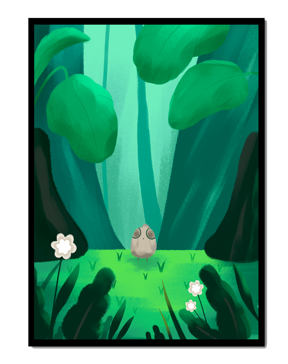 Enchanted forest scene with a small bird amidst lush greenery