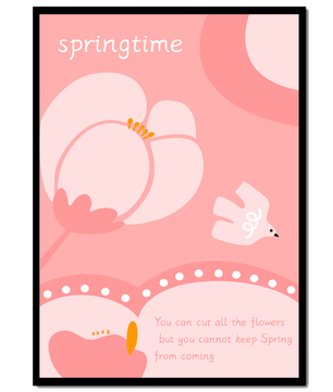 Springtime illustration with flowers and bird on pink background