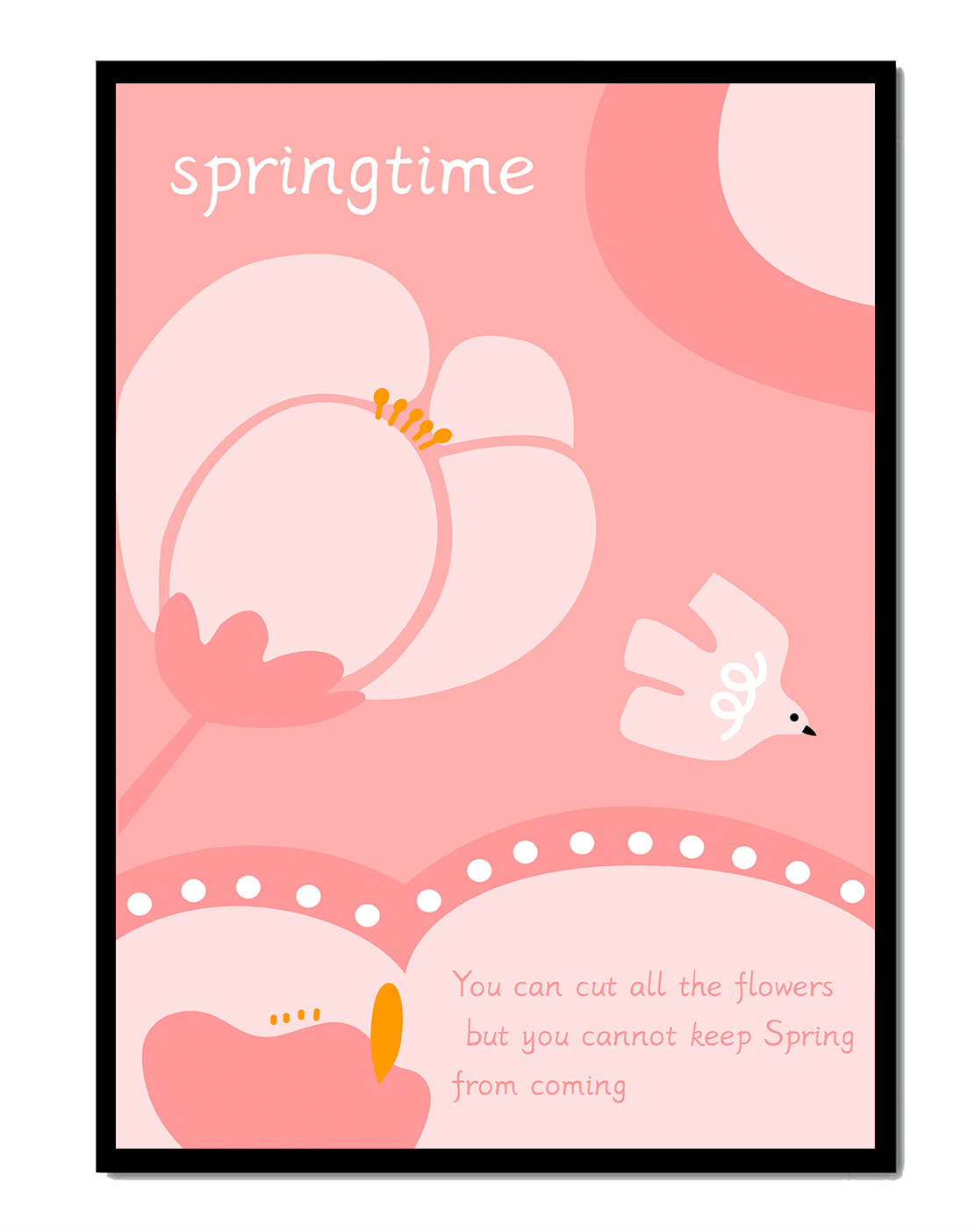 Springtime illustration with flowers and bird on pink background