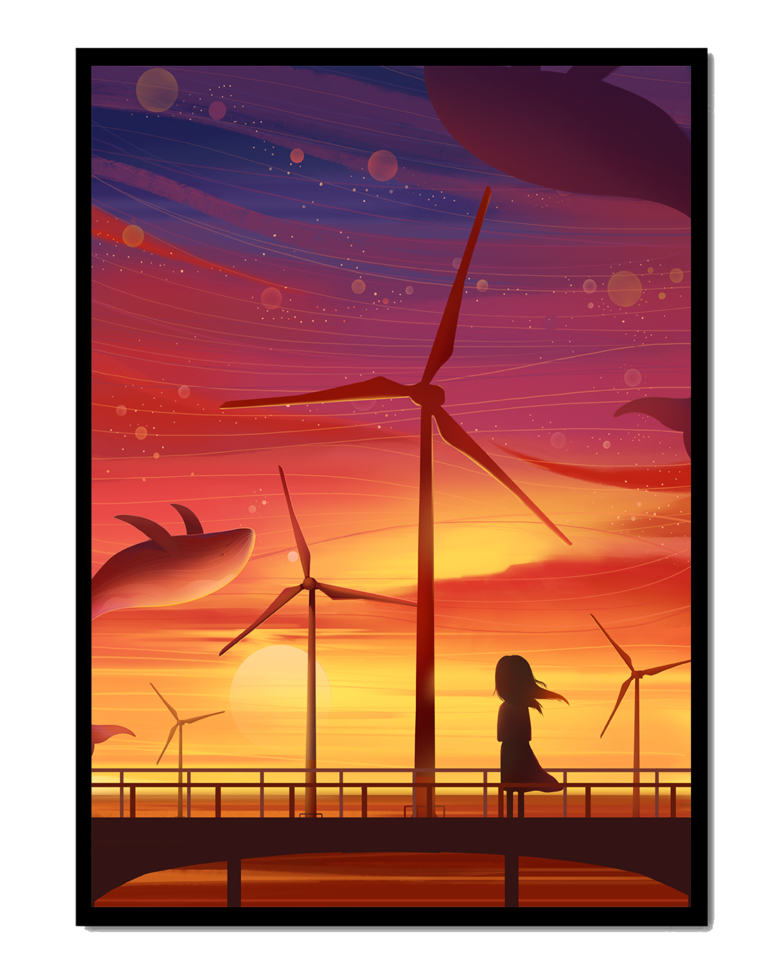 Enchanting sunset scene with wind turbines and silhouette of a girl
