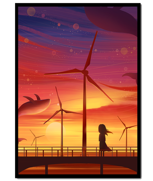 Enchanting sunset scene with wind turbines and silhouette of a girl