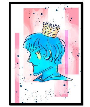 Illustration artistique d’un personnage au visage bleu avec une couronne dorée sur un fond abstrait