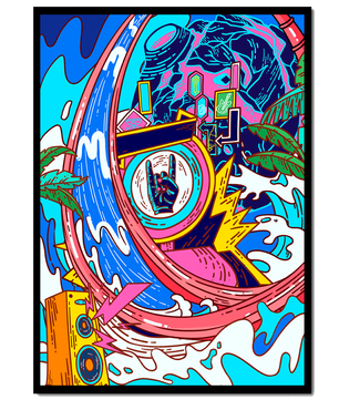 Vibrant abstract art with waves and neon elements