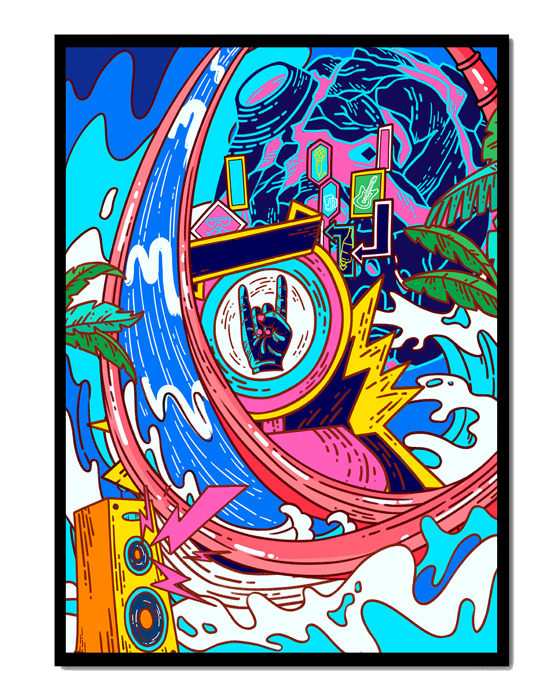 Vibrant abstract art with waves and neon elements