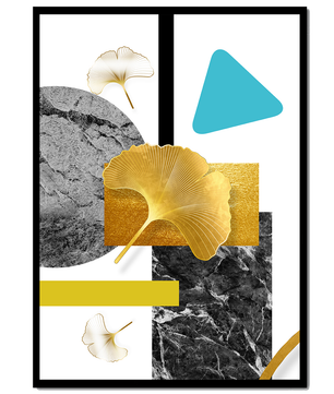 Composición Abstracta Geométrica con Hojas de Ginkgo Doradas