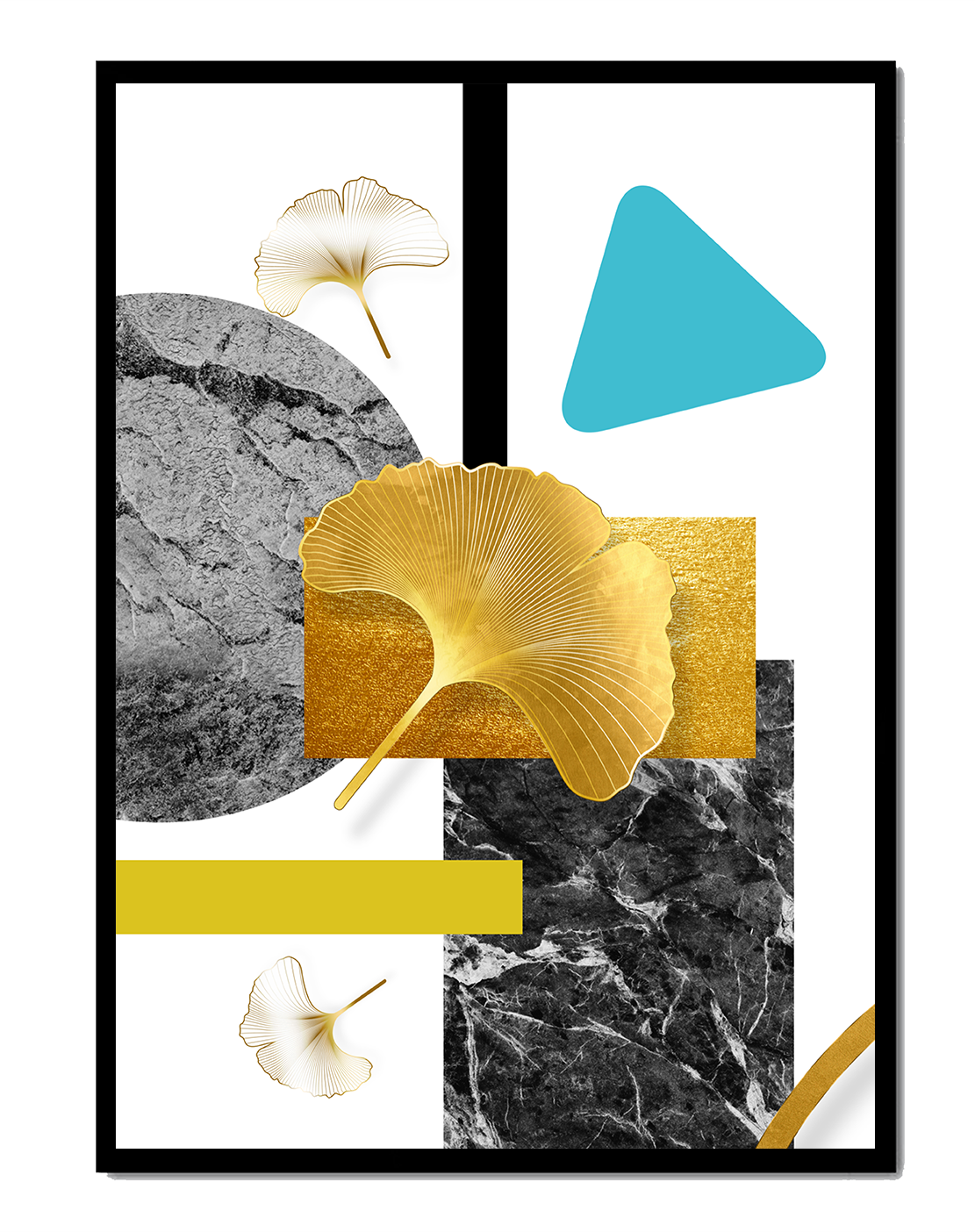 Geometric Abstract Composition with Gold Ginkgo Leaves