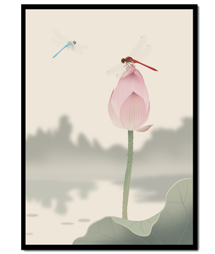 Dragonflies on a Lotus Bud with Serene Landscape