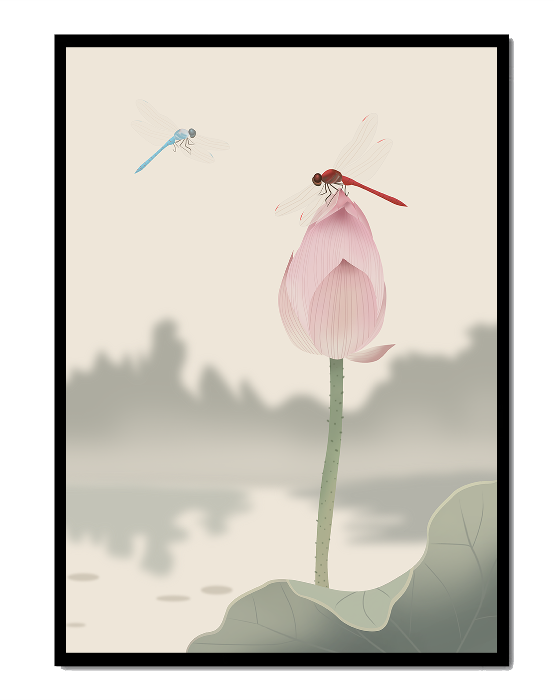 Libélulas sobre un capullo de loto con paisaje sereno