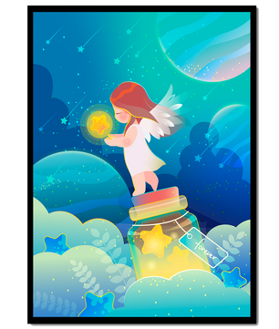 Enchanting angel collecting stars in a dreamy night sky