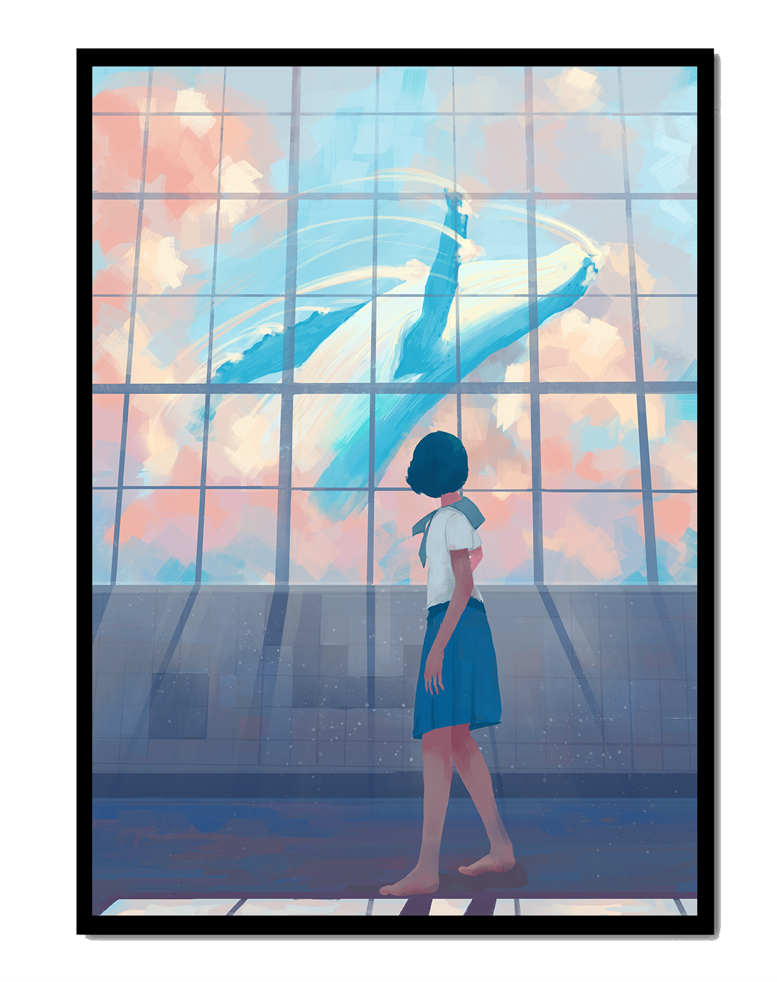 Young girl looking at a giant whale through a large window