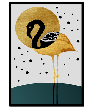 Ilustración elegante de flamenco dorado y negro con elementos de puntos abstractos