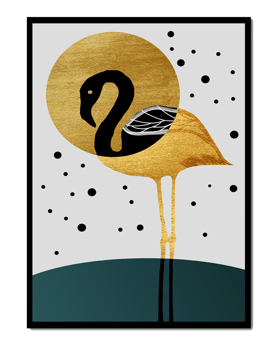Elegante ilustración de flamenco dorado y negro con elementos de puntos abstractos